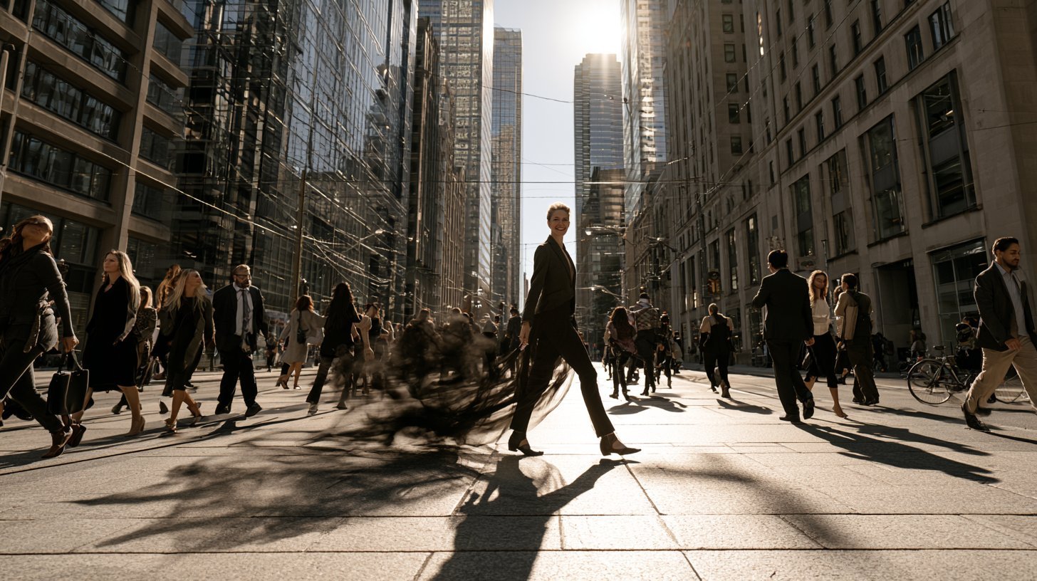 Busy urban street scene with pedestrians walking among tall skyscrapers and casting long shadows in bright sunlight